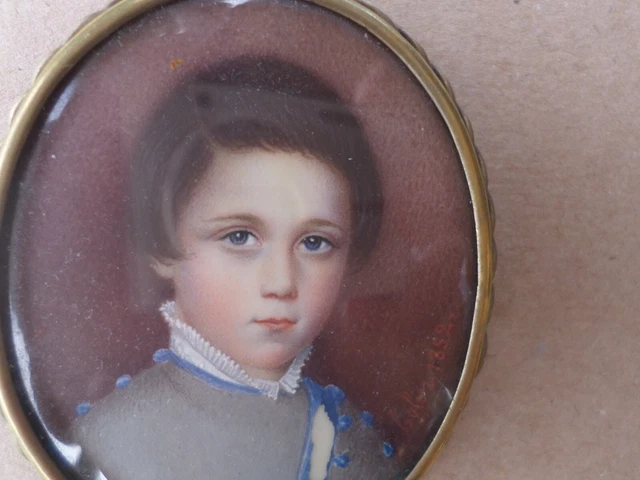 Peinture Miniature-Portrait garçon-École française  XIXe-signé 1852-broche