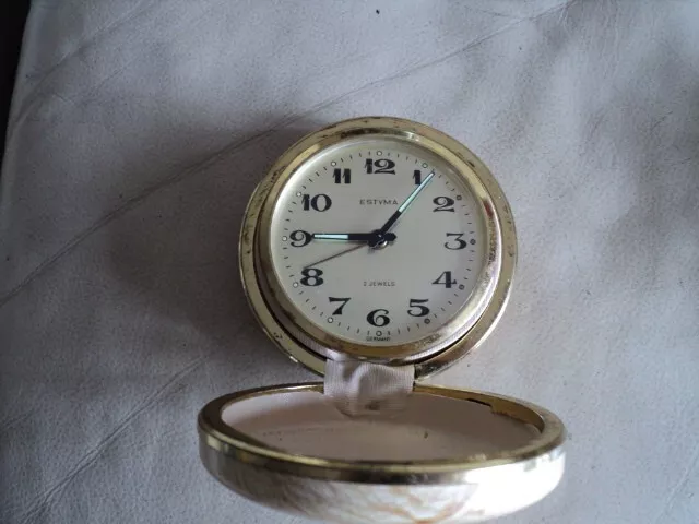 Vintage Estyma German 2 Jewel Travel Clock working ( NEED TO SCREW BACK)