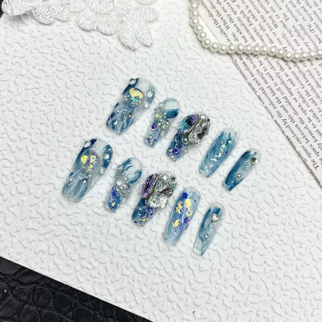 Handmade Blue Jellyfish Rhinestone False Nail Long Coffin Press on Nail Nail Art