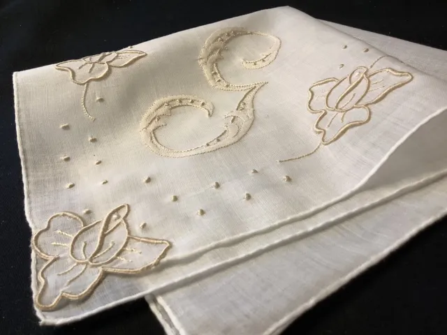 #7125🌟Vintage 40s Madeira CHAMPAGNE Monogram “G” Wedding Handkerchief Heirloom