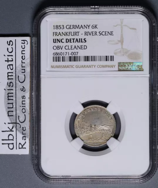 1853 Germany 6 Kreuzer - Frankfurt River Scene - NGC UNC Details Obv Cleaned