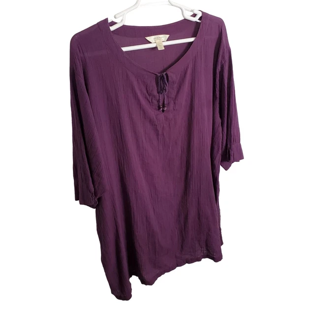 Avenue Body Size 30/32 Tunic 100% Cotton Crinkle Gauze Pullover Tie Front Purple