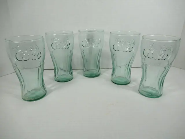Set of 5 Light Green Glass Coca Cola Coke Glasses Embossed GK47