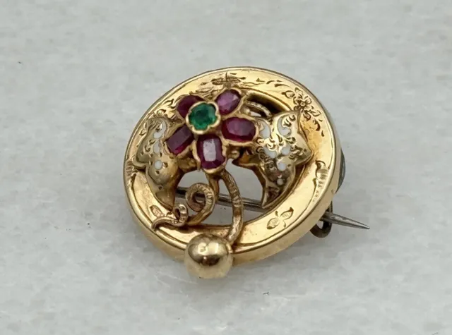 Antique Victorian 14k Gold Enamel Ruby emerald Brooch Pin