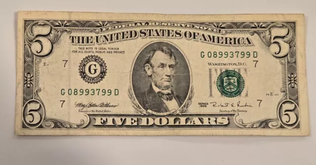 $5 Dollar Bill Serial #G08993799D. Series 1995.