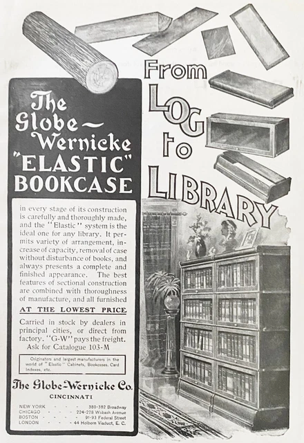 1903 GLOBE-WERNICKE Elastic Bookcase"From Log to Library"Vtg Print Ad~Cincinnati