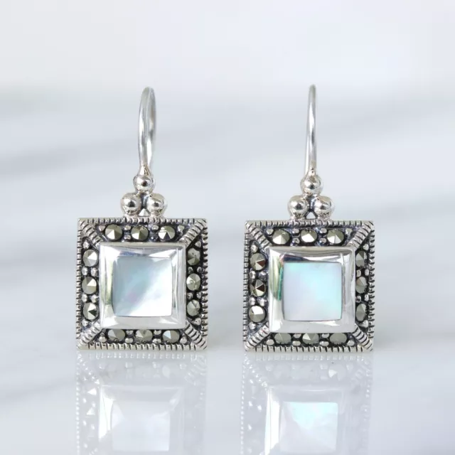 Genuine Sterling Silver Marcasite & Mother of Pearl Vintage Style Drop Earrings