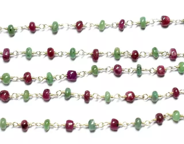 Solid Sterling Silver Link Chain - 1 Foot - Ruby Emerald Gemstone Beads #D1990 2