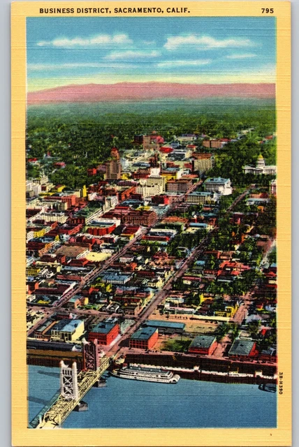 Airplane View Business District River Bridge Sacramento CA Linen C1940 Postcard