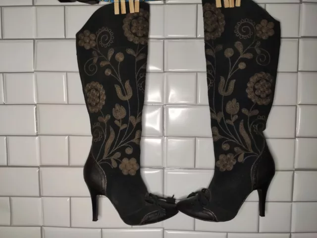 Sam Edelman Tall Victorian Embroidered Leather & Suede High Heel Boots Size 6
