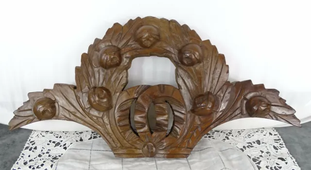 17.5" French Antique Pediment Crest In Solid Walnut Wood Crest Salvage - Roses