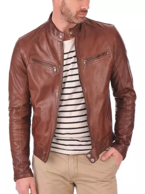 Hombre Cuero Auténtico Cazadora Motero Moto Café Racer Abrigo 5 Color Opciones