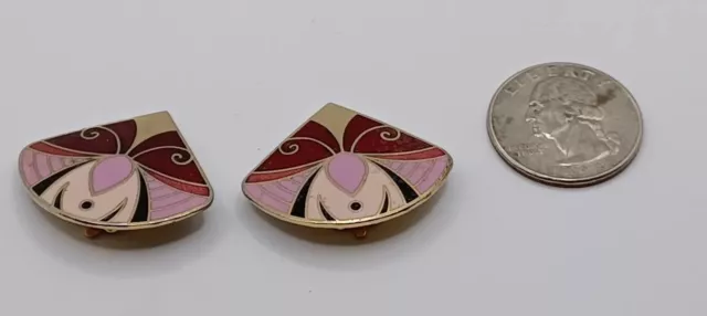 DE COLECCIÓN Pendientes MEOW Cloisonné Esmalte Púrpura Art Deco Ventilador Tono Dorado Anzuelo