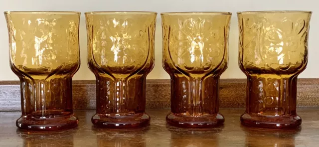 Libbey Country Garden Daisy Flower 10 oz Glasses Amber Vintage 5” tall Set of 4