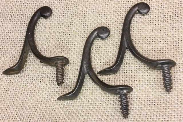 3 Old Single Coat Hooks School Farmhouse Clean Cast Iron Vintage 1850’s Screw in 2