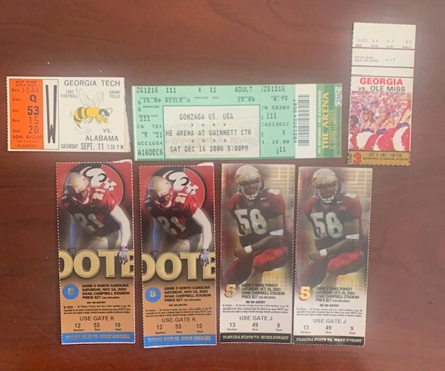 College Football ,Basketball Ticket Stubs, Alabama, Georgia, Florida State, UNC,