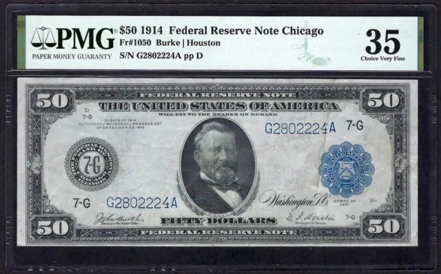 🇺🇸 1914 $50 Fr-1050 Chicago ♚♚Burke&Houston♚♚ Pmg Choice Vf 35  Strong Color