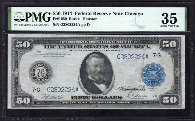 🇺🇸 1914 $50 Fr-1050 Chicago ♚♚Burke&Houston♚♚ Pmg Choice Vf 35 Strong Color 🇺🇸 1914 $50 Fr-1050 Chicago ♚♚Burke&Houston♚♚ Pmg Choice Vf 35 Strong Color