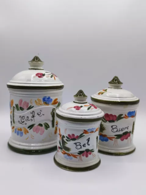 Ensemble de 4 pots à épices vintage en faïence, déco cuisine décor peint main