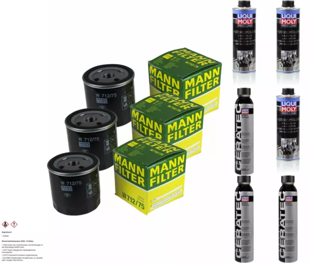 3xMANN-FILTER ÖLFILTER-W 712/75 +3xLiqui Moly Pro-Line Motorspülung/3x Cera Tec