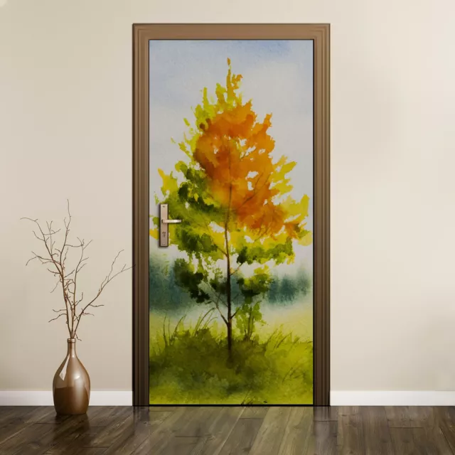 Calcomanía de puerta extraíble pintura abstracta árbol paisaje nubes cielo