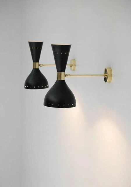 1950's Mid Century Brass Italian Diabolo Wall Sconce Light Fixture 2 Bulb Pair