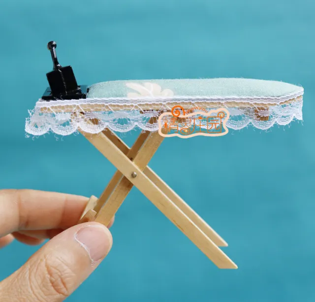 2PCS Dollhouse Miniature Pink lace Ironing Table+Iron 1/12 Furniture Accessorie