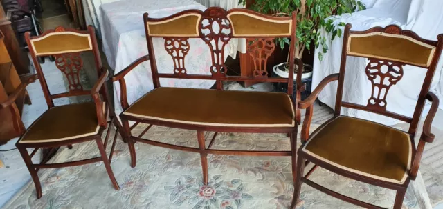 Edwardian Inlaid Mahogany Salon Suite Settee and Two Carver Chairs