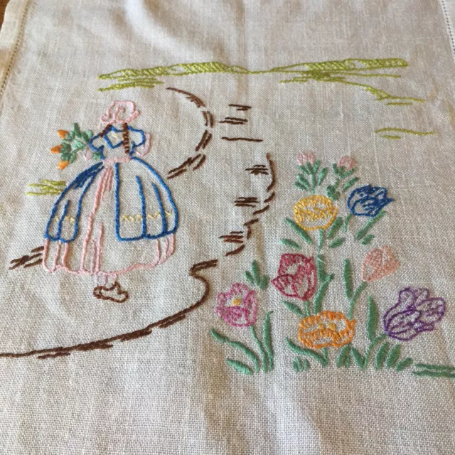 Vintage Hand Embroidered Linen Table Runner Flower Girl Garden Tulips 42 x 10.5” 3