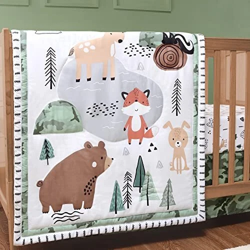 Woodland Camo Crib Bedding Set for Baby Boys - 3 Piece Nursery Bed Set - Crib