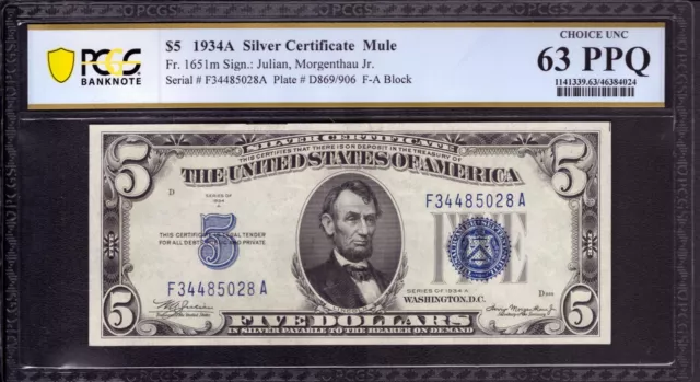 1934 A $5 SILVER CERTIFICATE NOTE FR 1651m MULE FA BLOCK PCGS B CU 63 PPQ