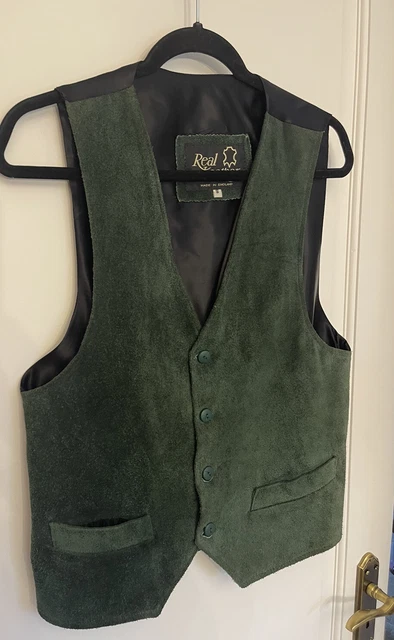 Cappotto vita vintage in vera pelle verde pelle scamosciata anteriore taglia S made in UK