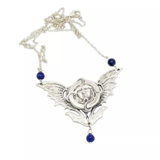 Art Nouveau sterling silver maiden’s face winged pendant necklace, lapis lazuli