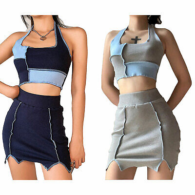 Women's 2 Piece Outfits Sleeveless Patchwork Crop Tops Bodycon Pencil Skirt Sets