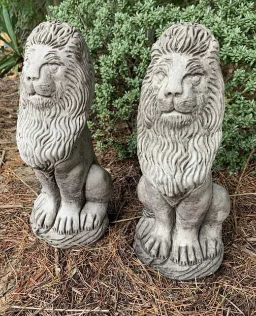 Stone Garden Pair Of Tall Sitting Proud Lion Ornaments