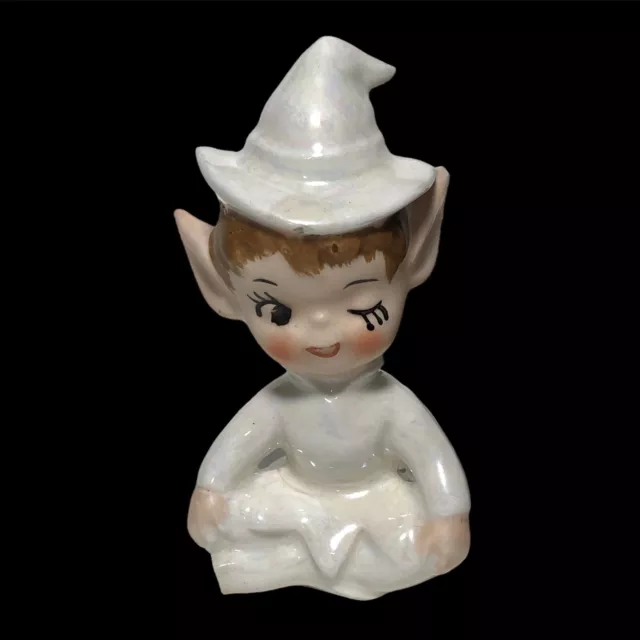 Vintage Mid Century HTF Lefton White Lustre Winking Pixie Elf Figurine Japan