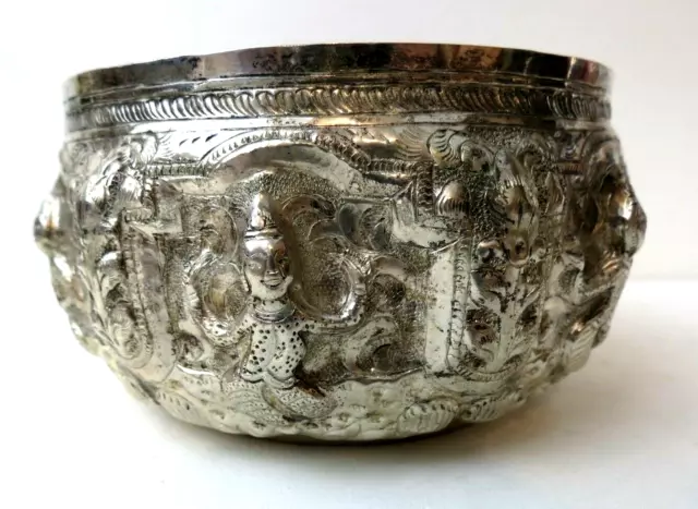 Antique Handmade Asian Solid Sterling Silver Burmese Thai Repousse Figural Bowl