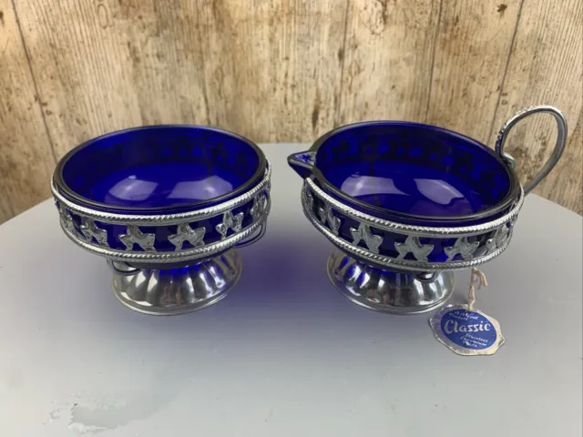 VINTAGE COBALT BRISTOL TYPE BLUE GLASS & CHROME PLATED - Milk Jug & Sugar Bowl