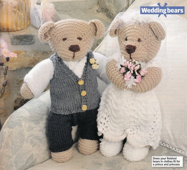 KNITTING PATTERN TOY TEDDY BEARS BRIDE & GROOM 32Tcm WEDDING QUICK DK