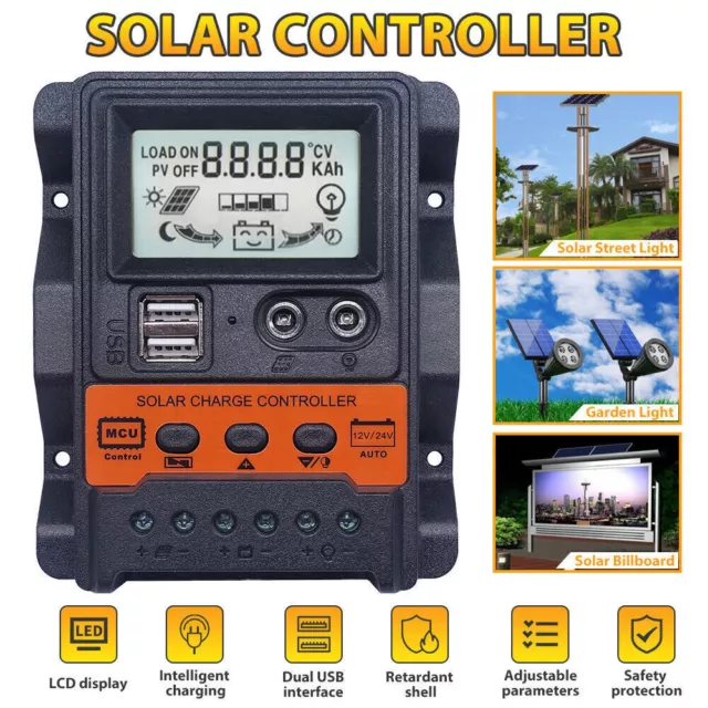 30A LCD Solar Charge Controller Panel DC 12V 24V Dual USB Battery Regulator UK