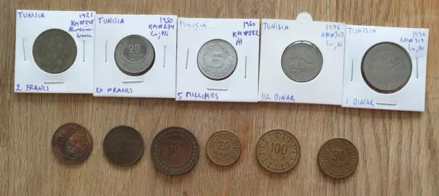 TUNISIE, Lot de 10 Pièces Francs, Milliemes et Dinar 1891-1997
