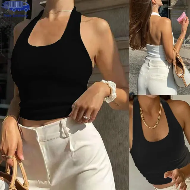 WOMENS SEXY RIBBED Halter Neck Vest Backless Crop Tops Summer Tank