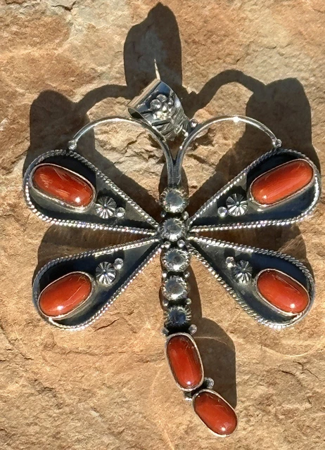 Southwestern Sterling and Italian Coral Dragonfly Pendant 15 frams
