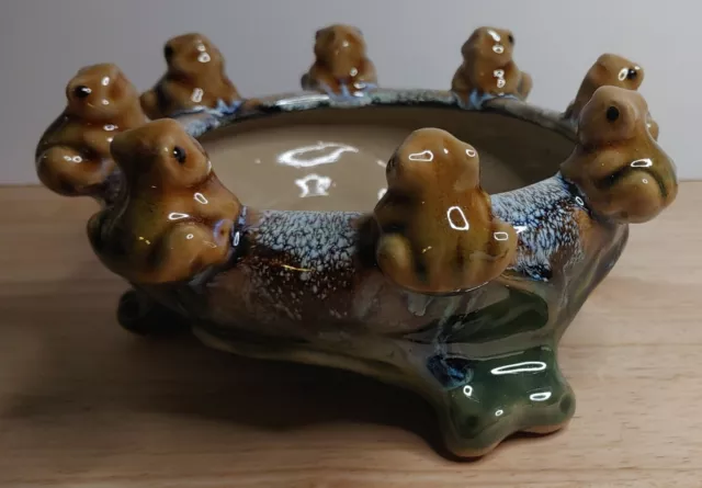 Vintage Glazed Art Pottery Frogs Bowl Planter Majolica Style 8 frogs