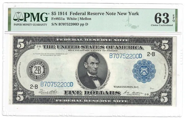 1914 $5 New York Federal Reserve Note. Fr#851a. PMG ChCU63 EPQ. Y00011860