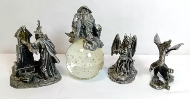 TUDOR MINT Myth and Magic Dragon & Wizard Pewter & Glass with Gems Figurines x 4
