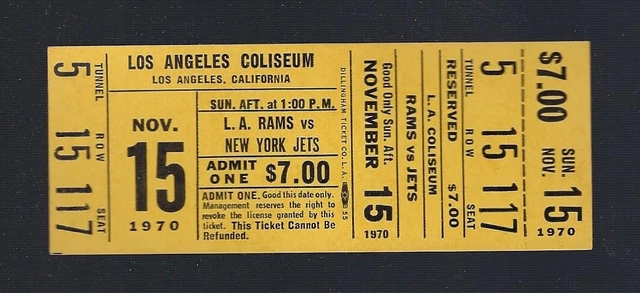 Vintage 1970 Nfl New York Jets @ Los Angeles Rams Full Football Ticket - Namath