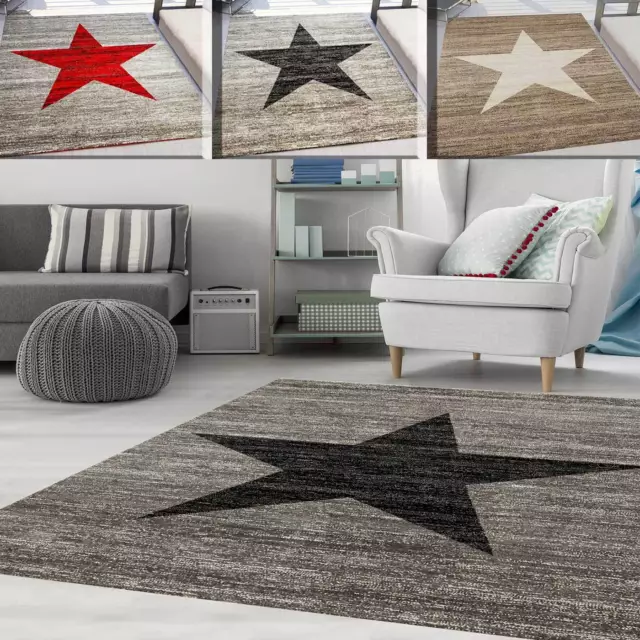 Alfombra Habitación Juvenil Moderno Patrón Estrella Rojo-,Beige- o Negro-Gris