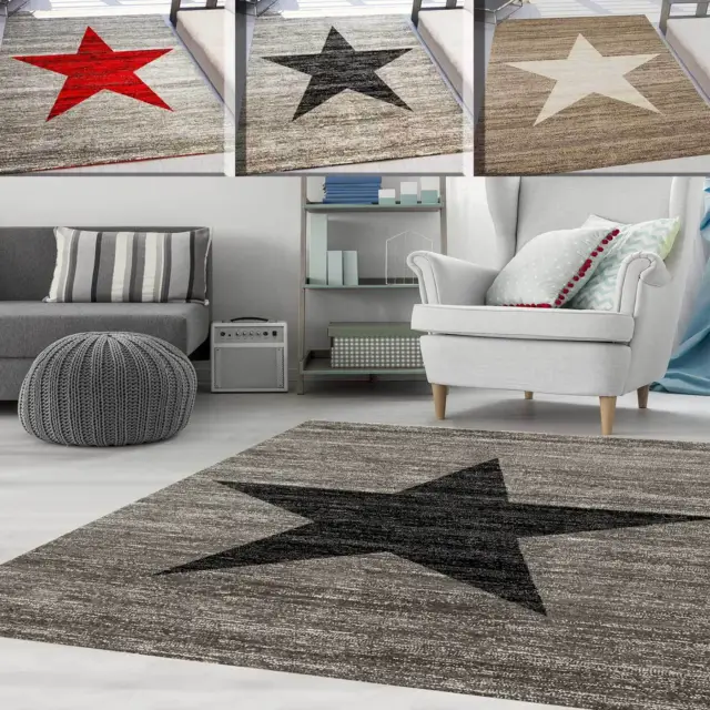 Jugendzimmer Teppich Modern Stern Muster in Rot-, Beige- oder Schwarz-Grau NEU