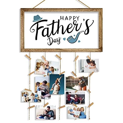 Photo Clip Holder Farmhouse Wall Decor Sign with Clips, 17"X9" Happy Holiday 4